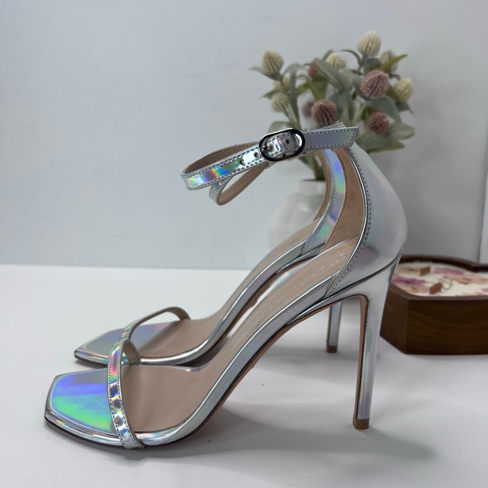 Stuart Weitzman Nudistcurve 100 Ankle Strap Sandal Holographic Silver Women 9B